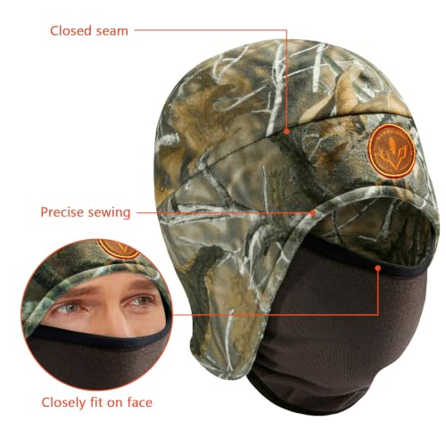 BASSDASH Unisex Soft Fleece 2-in-1 Hat with Mask Ear Flap - color: Autumn Forest & Brown