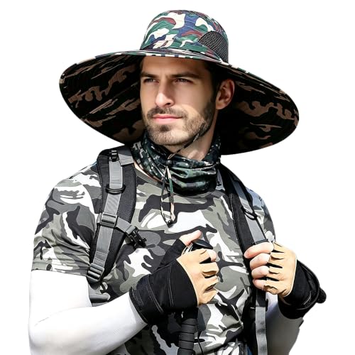 HUAMULAN Men Wide Brim Sun Hat Summer Outdoor Women Bucket Fishing Hats - color: Camouflage Green