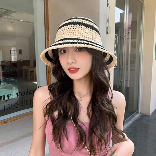 Gogobear Summer Straw Sun Hat for Women Outdoor Striped Beach Bucket Hat - color: Beige