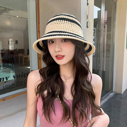 Gogobear Summer Straw Sun Hat for Women Outdoor Striped Beach Bucket Hat - color: Beige