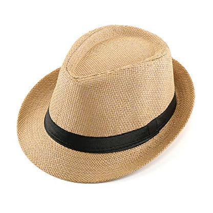FALETO Unisex Summer Panama Straw Fedora Hat Short Brim Beach Sun Cap Classic - color: #01 Khaki