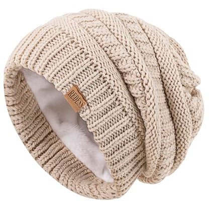 REDESS Slouchy Beanie Hat for Men and Women Winter Warm Knit Hat Chunky Soft Oversized Cable Cap - color: Oatmeal