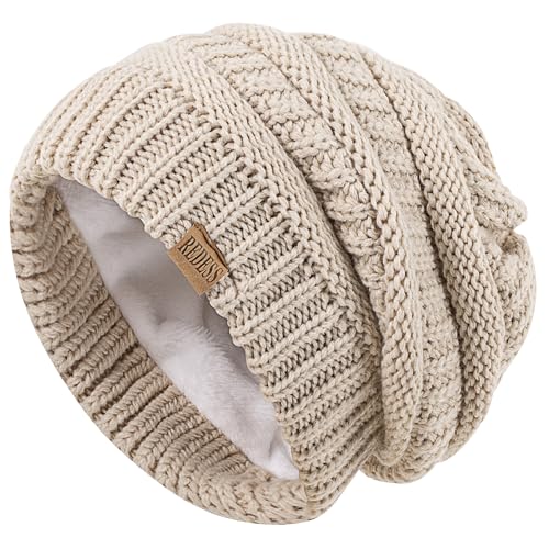 REDESS Slouchy Beanie Hat for Men and Women Winter Warm Knit Hat Chunky Soft Oversized Cable Cap - color: Oatmeal