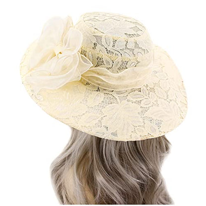 Haoohu Women's Church Derby Hat Wide Brim Bow Bucket Hat Wedding Dress Hat Fascinator Bridal Tea Party Hat - color: 03966leaf Beige