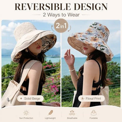 HUAMULAN Wide Brim Women Summer Sun Floppy Hat Reversible Beach Bucket Hat - color: M2320-beige