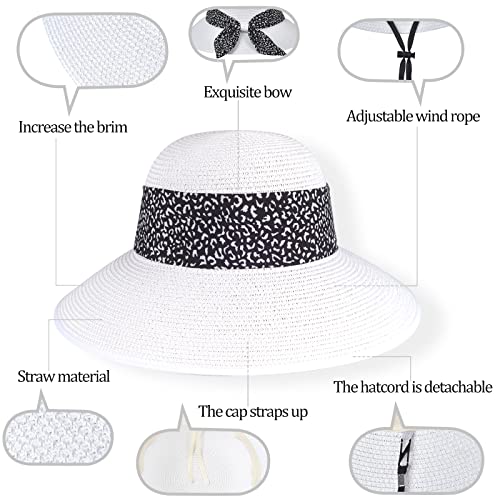 Womens Straw Sun Hat Summer Beach Wide Brim UV Protection Hats with Chin Strap Floppy Foldable Cute Bowknot UPF 50 Cap - color: Leopard White