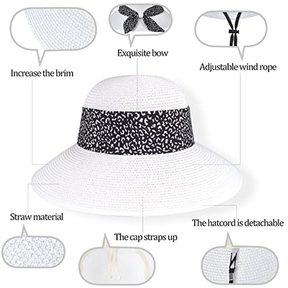 Womens Straw Sun Hat Summer Beach Wide Brim UV Protection Hats with Chin Strap Floppy Foldable Cute Bowknot UPF 50 Cap - color: Leopard White