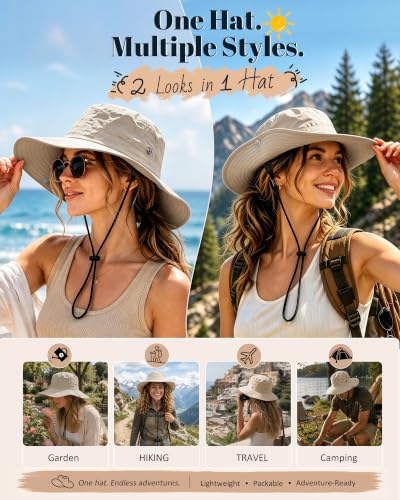 Wide Brim Waterproof Bucket Rain Hat for Women Men UPF50+ Cowboy Sun Hat - color: Beige