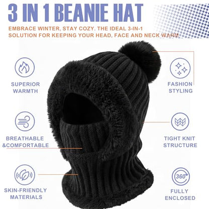 AQOKKA 3 in 1 Knit Fleece Lined Beanie Hat with Scarf and Mask Warm - color: Black