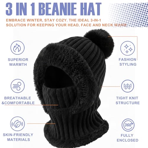AQOKKA 3 in 1 Knit Fleece Lined Beanie Hat with Scarf and Mask Warm - color: Black