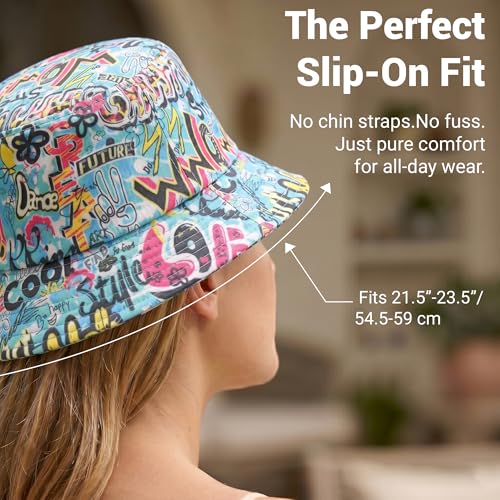 ZLYC Printed Bucket Hat for Women Men Packable Summer Sun Hat for Beach - color: Street Art Blue