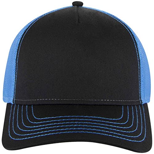 The Vintage Year Plain Cotton Structured Mesh Adjustable Trucker Sports Baseball Cap - color: Black/Black/Neon Blue