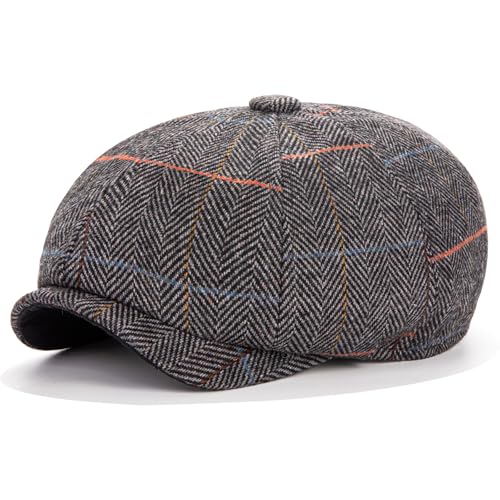 Men's Wool Newsboy Cap 8-Panel Tweed Taxi Hat Herringbone Gatsby Flat Hats - color: Gray
