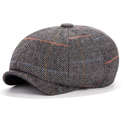 Men's Wool Newsboy Cap 8-Panel Tweed Taxi Hat Herringbone Gatsby Flat Hats - color: Gray