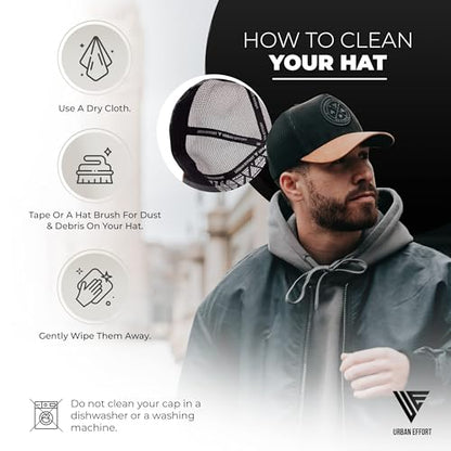 Urban Effort Trucker Hat for Men & Women, Mesh Back Baseball Cap, 5 Panel - color: Black + Brown, style: Mesh Back