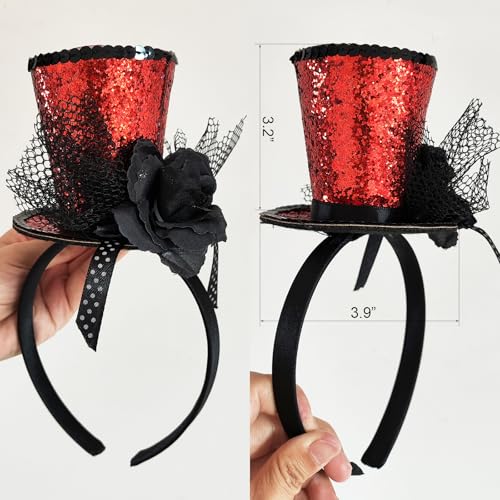 WLBON Halloween Mini Top Hat Headband 1920s Flower Sequins Hair Hoops Bands Fascinator Headpiece Hairband Women Christmas Holiday Festival Parade Cosplay Dress Up Birthday Tea Party Accessories Red - color: Red Tone