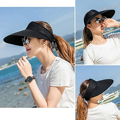 Sun Visor Hats Women Large Brim Summer UV Protection Beach Cap - color: Black