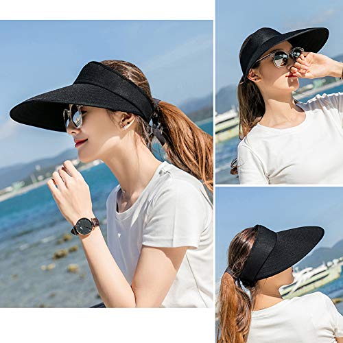 Sun Visor Hats Women Large Brim Summer UV Protection Beach Cap - color: Black