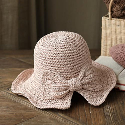 Foldable Wide Brim Floppy Straw Beach Sun Hat,Summer Bucket Cap with Bowknot for Women Girls - color: Light Pink