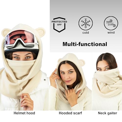 Fleece Balaclava Over Helmet - Warm Helmet Ninja Hood - Snowboard Hooded Hat Neck Gaiter Ski Mask - color: Sand-earsup, size: One Size