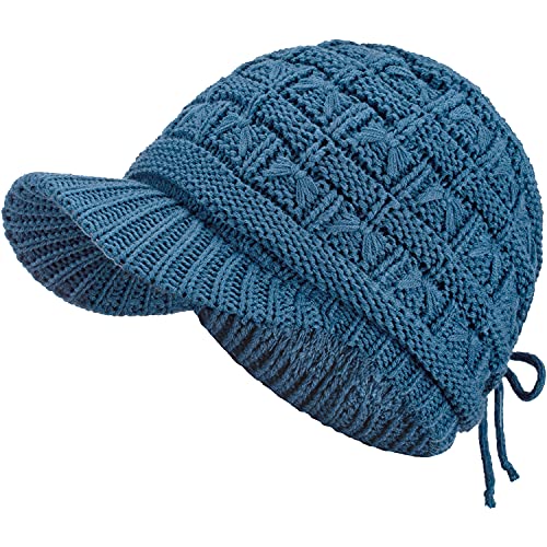 BYOS Womens Winter Chic Cable Warm Fleece Lined Crochet Knit Hat W/Visor Newsboy Cabbie Cap - color: Basket Woven-teal Blue