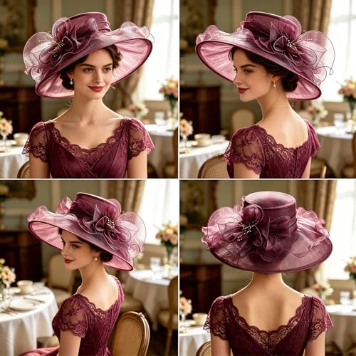 AQOKKA Women Organza Church Fascinators Kentucky Derby Hats for Women and Girls Wedding Flower Tea Party Hat with Wide Brim - color: Burgundy