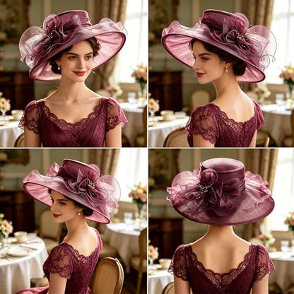 AQOKKA Women Organza Church Fascinators Kentucky Derby Hats for Women and Girls Wedding Flower Tea Party Hat with Wide Brim - color: Burgundy