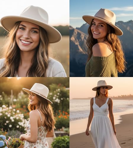 Lisianthus Women Classic Felt Fedora Wide Brim Hat with Belt Buckle - color: Creamy