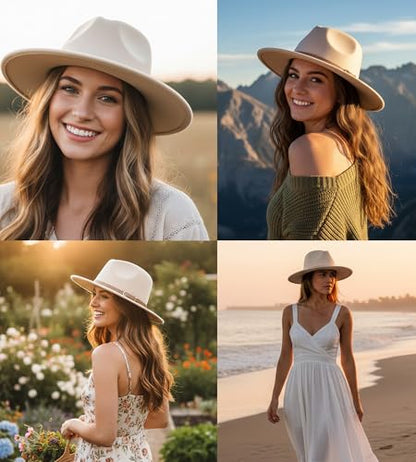 Lisianthus Women Classic Felt Fedora Wide Brim Hat with Belt Buckle - color: Creamy
