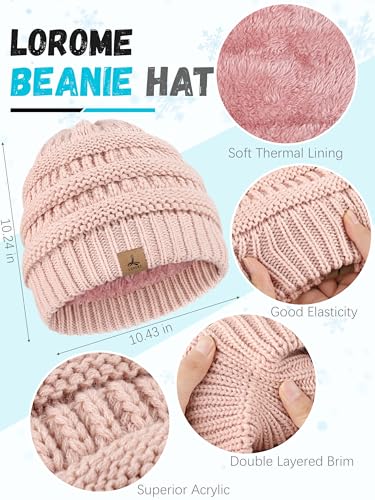 LOROME Winter Beanie Hat Scarf Gloves, Warm Fleece Knit Neck Scarf Set Gift - color: Indi Pink