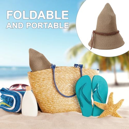DRESHOW Women Straw Panama Hat Travel Fedora Beach Sun Hat Summer Wide Brim Straw Roll up Hat UPF 50+ - color: Straw Hat With Braided Band: Coffee