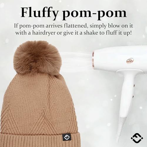Funky Junque Basics Womens Pom Pom Beanie Winter Hats Cute Diagonal Pattern Fleece Lined Warm Stocking Caps Pompom Toboggan - color: Brown