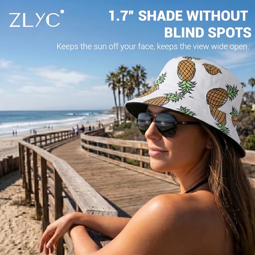 ZLYC Printed Bucket Hat for Women Men Packable Summer Sun Hat for Beach - color: Pineapple White
