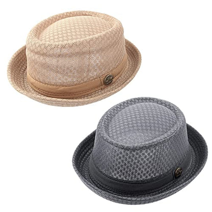 Summer Mesh Pork Pie Hat,Men Women Straw Fedora Cap,Lightweight Bowler Cap - color: Khaki+grey