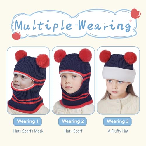 Kids Winter Hat Scarf, Toddler Scarf Hat for Girls with Pom Knit Neck Warmer Gaiter Mittens Fleece Lined Set for Kids - color: Blue