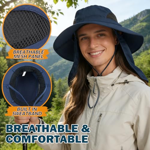Wide Brim Sun Bucket Hat, Waterproof Boonie Hat for Men & Women - color: 07 Navy Blue (Full Coverage)