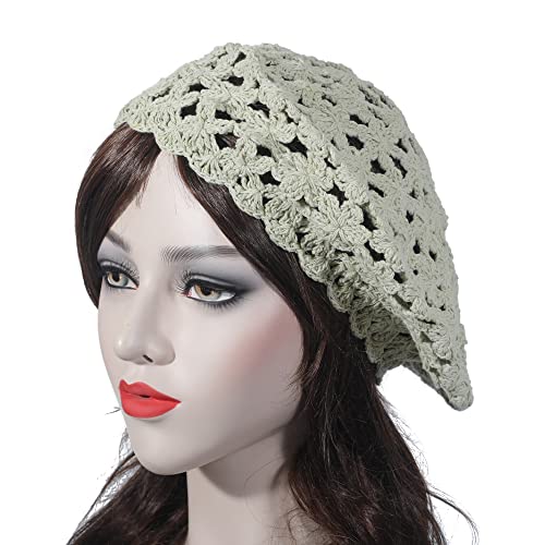 ZLYC Women Cotton Slouchy Crochet Beret Handmade Cutout Floral Beanie Hat - color: Solid Green