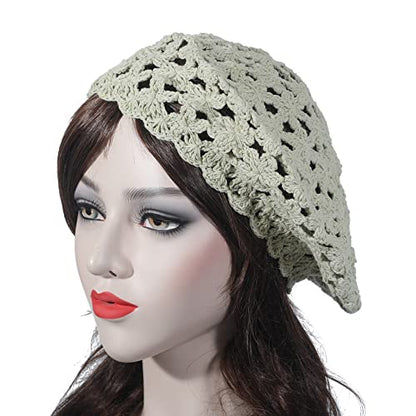 ZLYC Women Cotton Slouchy Crochet Beret Handmade Cutout Floral Beanie Hat - color: Solid Green