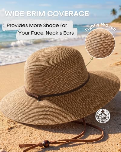 FURTALK Womens Wide Brim Sun Hat with Wind Lanyard UPF Summer Straw Sun Hats for Women - color: Ac-brown, size: Large-X-Large