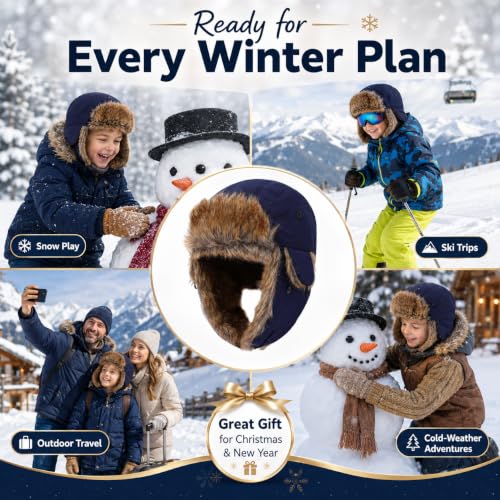 Baby Toddler Winter Trapper Hat Warm Faux Fur Aviator Hat Russian Ushanka Trooper Hunting Ski Hat with Ear Flaps Age 1-8T - color: Navy, size: 1-4T
