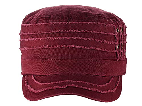 D&Y Unisex 100% Cotton Military Cadet Hat - Distressed Frayed Flat Top Cap - Adjustable Everyday Patrol Hat - color: Burgundy