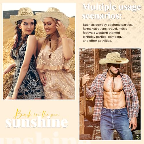 Newcotte 9 Pack Straw Cowboy Hats for Women Men - color: Beige