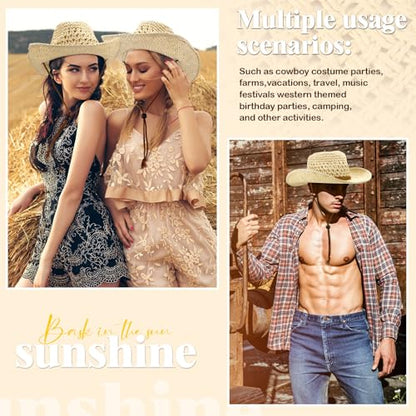 Newcotte 9 Pack Straw Cowboy Hats for Women Men - color: Beige