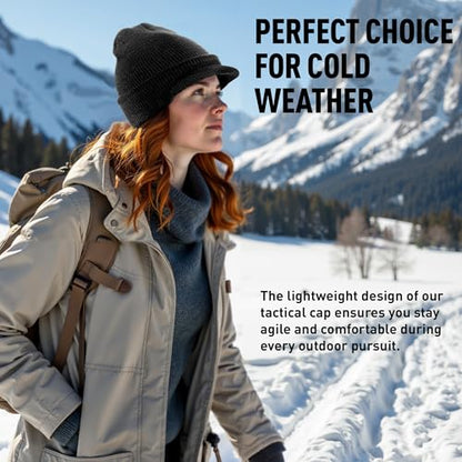 Genuine G.I. Winter Beanie Cap with Visor, 100% Knitted Wool, Double-Layer Winter Hat, Made in USA - color: Black