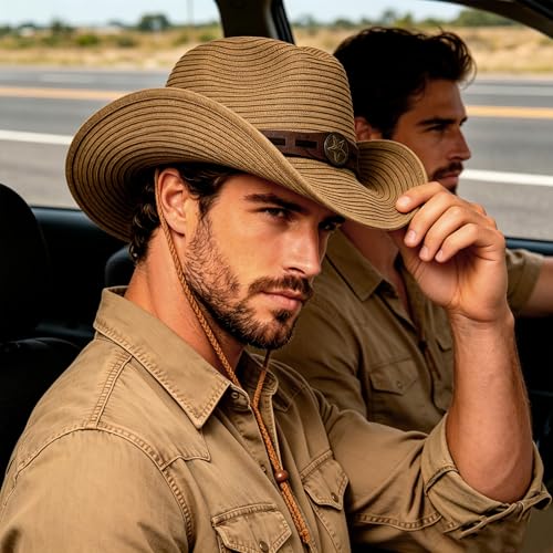 Unisex Straw Cowboy Hat Wide Brim Western Sun Hat Adjustable Beach Cowgirl Hat for Summer Outdoor Sun Protection - color: Khaki Color, Leather Hat Strap