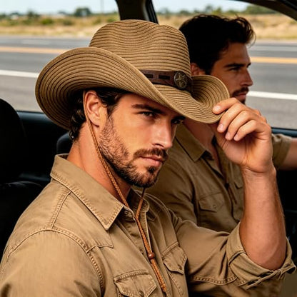 Unisex Straw Cowboy Hat Wide Brim Western Sun Hat Adjustable Beach Cowgirl Hat for Summer Outdoor Sun Protection - color: Khaki Color, Leather Hat Strap