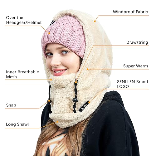 Senllen Balaclava Cold Weather Fleece Ski Mask Winter Thermal Sherpa Hood - color: Beige