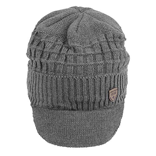 Original One Winter Wool Knitted Chunky Visor Beanie Hat with Brim Fur Lined Peaked Ski Cap - color: Gray