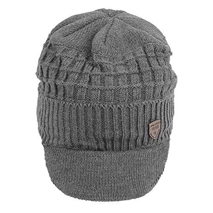 Original One Winter Wool Knitted Chunky Visor Beanie Hat with Brim Fur Lined Peaked Ski Cap - color: Gray
