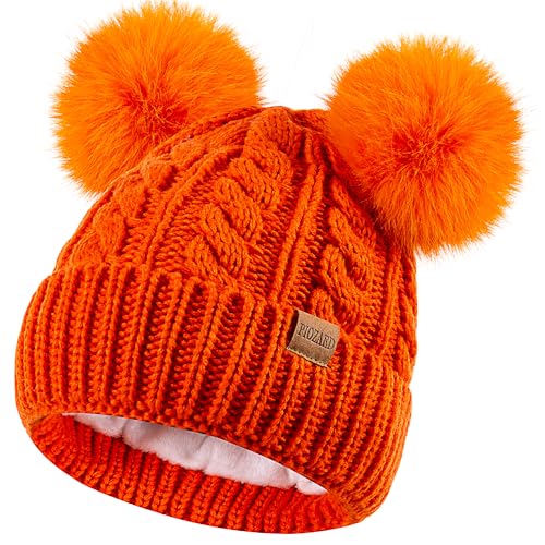 Women's Winter Hat Soft Knit Beanie with Faux Fur Pom Hat with Warm Fleece Lining Skull Cap for Women - color: Orange